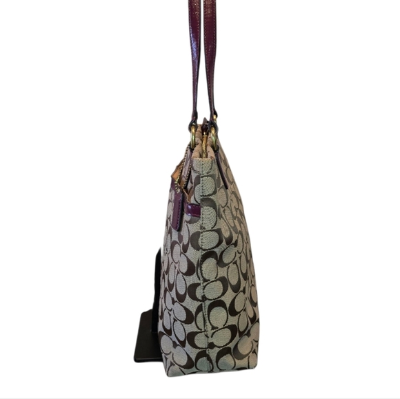 Coach Khaki Signature Canvas Burgundy Stripe Tote Shoulder Bag - Picture 3 of 10